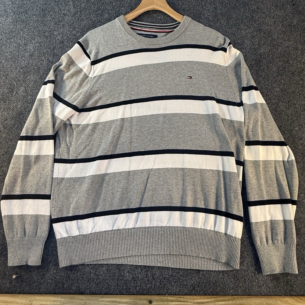 Tommy Hilfiger Sweater Mens Large Gray Striped Crew Neck 100% Cotton Logo